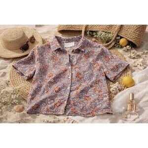 Rachel Zoe Linen Blend Floral Blouse Beachy Short Sleeve Button Front Size M